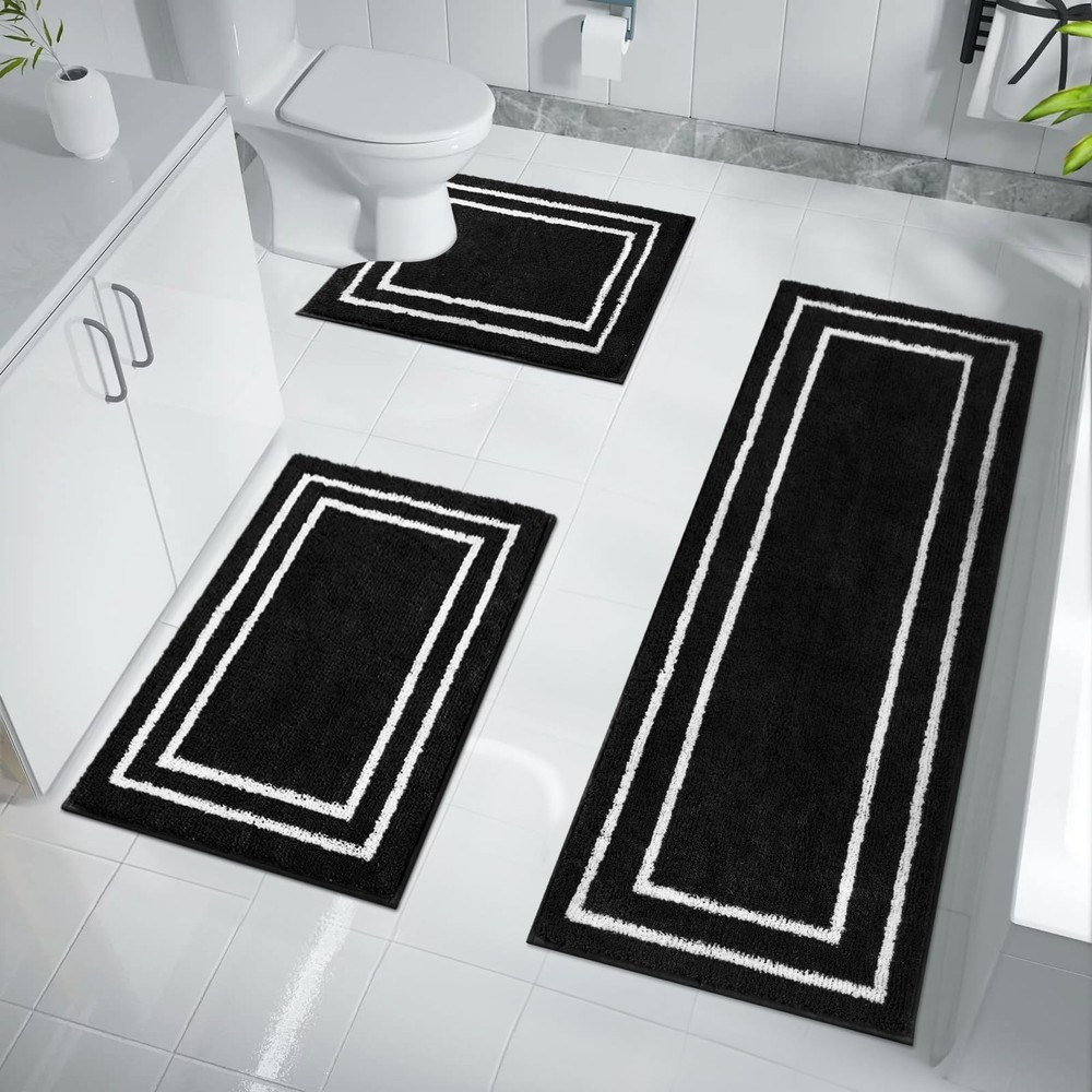 3-Piece Soft Shaggy Non-Slip Bathroom Mat Set - Machine Washable Black Microfiber