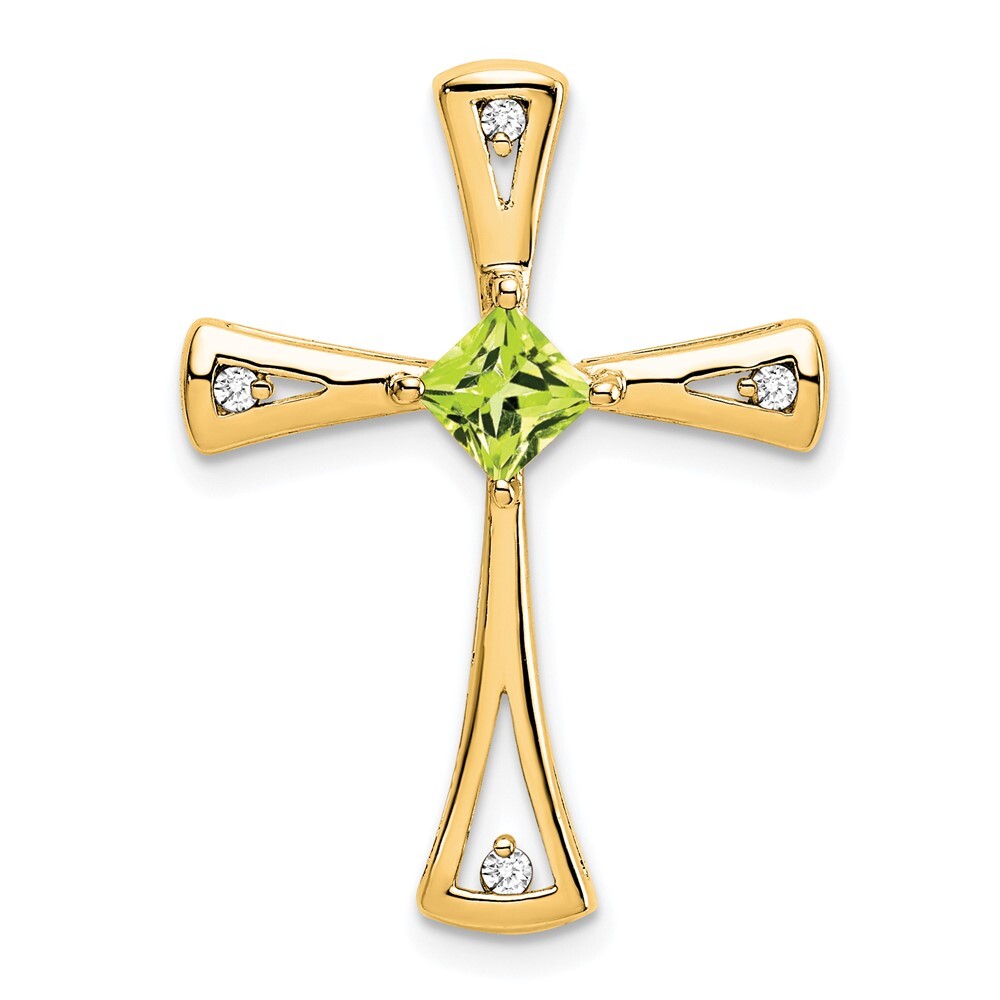 14k Yellow Gold Peridot and Diamond Cross Chain Slide Pendant L-1.06 Inch 2.38gm