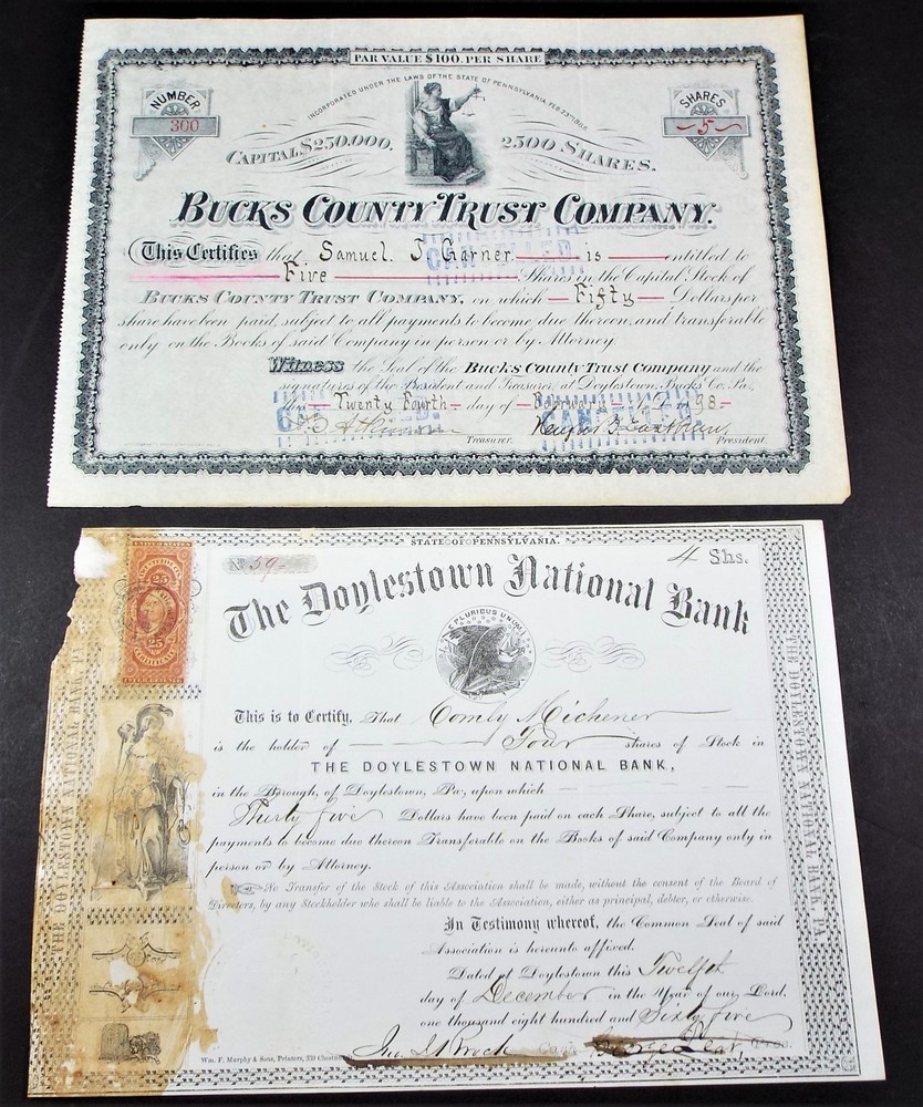1865 1898 Pa Stock Certificate Bucks County Trust Co / Doylestown National Bank