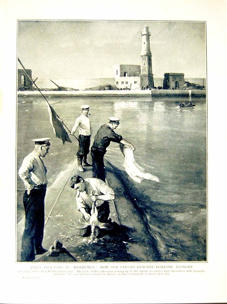 Original Old Antique Print 1916 World War Jack-Tars Handymen Sailors Washing