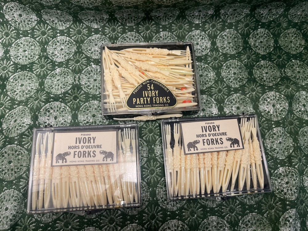 Vintage Set of 3 Ivory-Like Party Forks by Hong Kong Trading