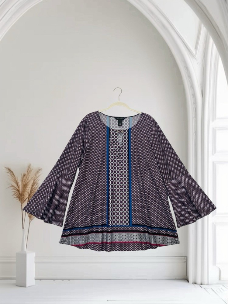 Investments Womens Geo Print Bell Sleeve Top Size XL Jersey Stretch Boho Chic