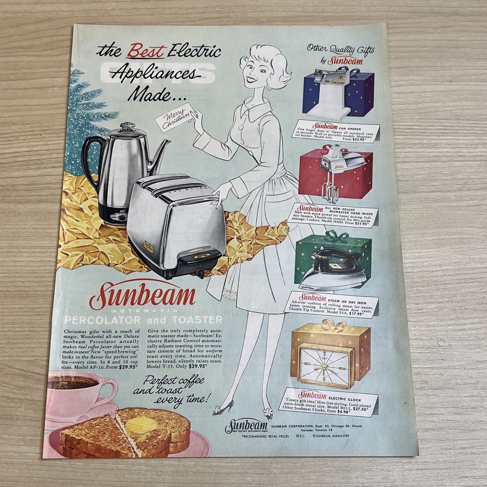 Sunbeam Automatic Percolator Toaster 1960 Vintage Print Ad Life Magazine