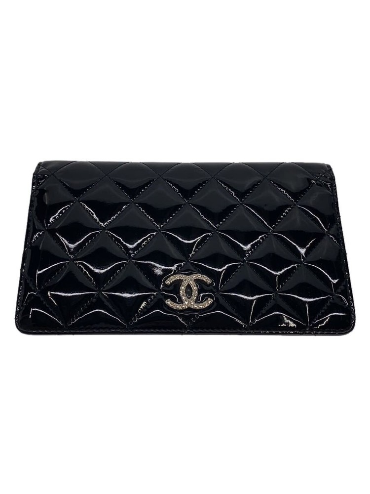 CHANEL Brilliant Matelassé Patent Leather Bifold Long Wallet CC Logo Black Pre-Owned