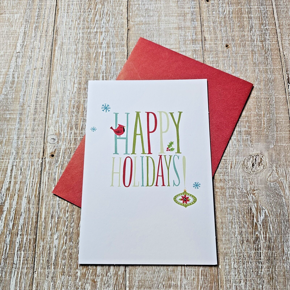 Festive Red Christmas Greeting Card with Holiday Ornament and Bird Design
