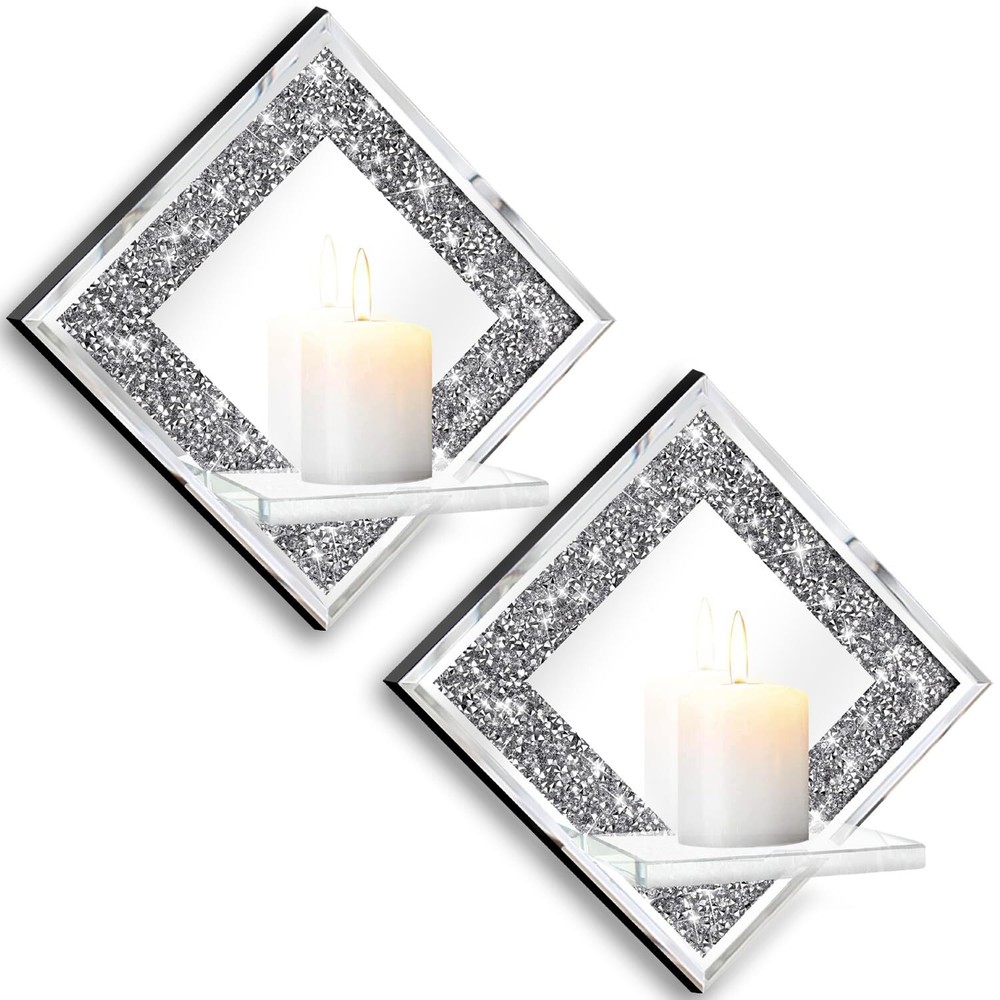 Sparkling Silver Diamond Mirror Candle Holders Set of 2