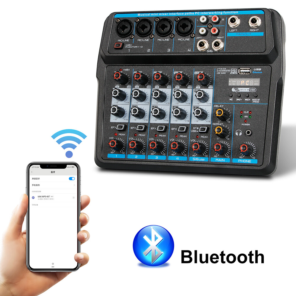6 Channel  Audio Mixer Bluetooth Mixing Console For DJ Karaoke Live Podcast USB