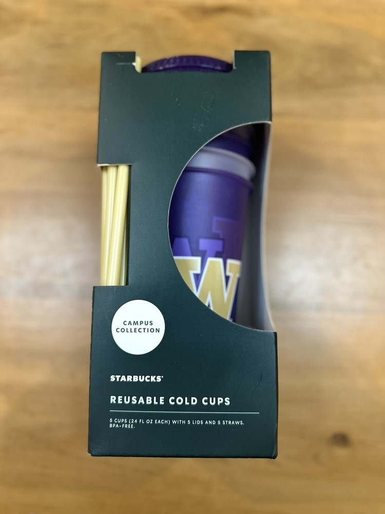 Starbucks University of Washington Huskies 24 Oz 5 Cold Cups Straws New In Box