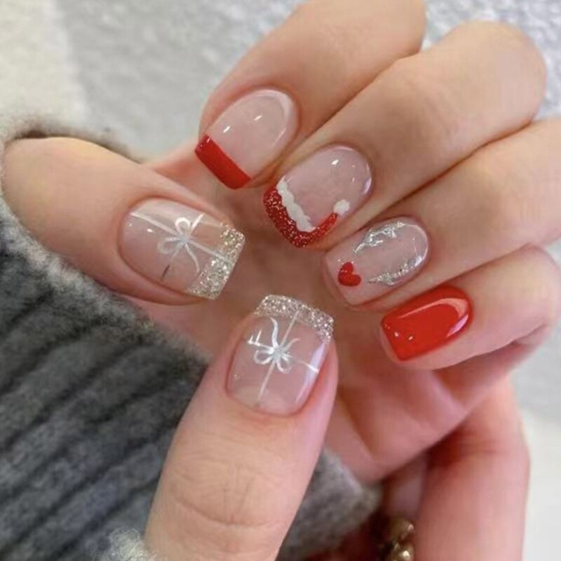 Glittering Elk Press On Nails 24Pcs Short Square Christmas Design-image