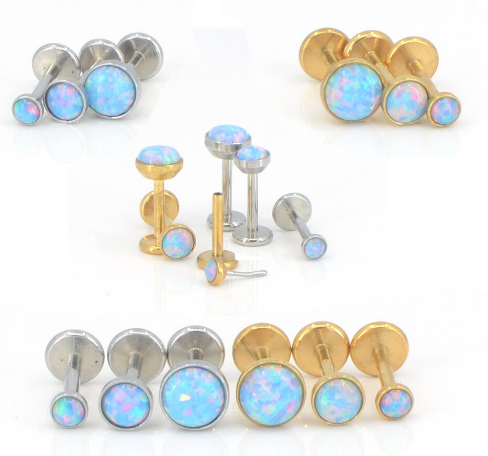 Flat Back Earrings Blue Opal 16G 18G 20G Ear Threadless Nose STUD Gold Tone Ring