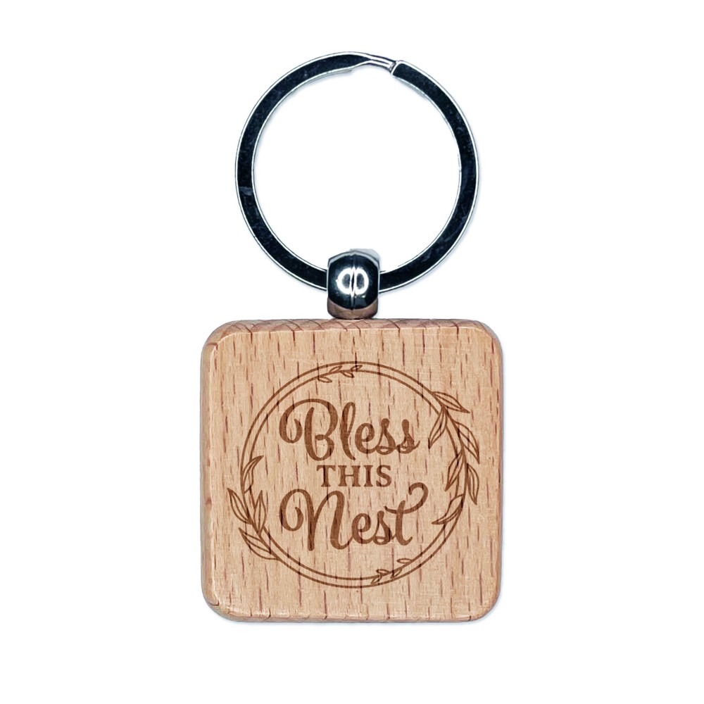 Bless This Nest Leaf Frame Detail Engraved Wood Square Keychain Tag Charm