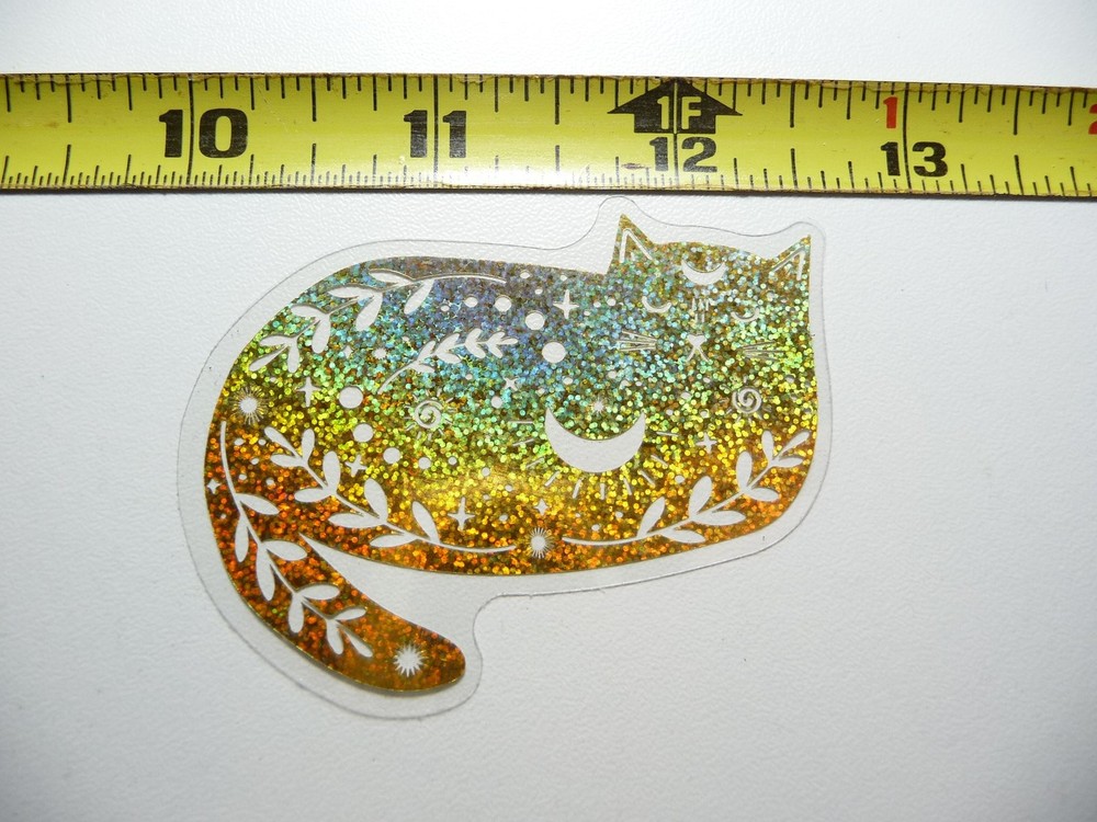 HOLOGRAPHIC CAT LAYING MOON PLANTS STICKER DECAL REFLECTIVE SHINY BEAUTIFUL