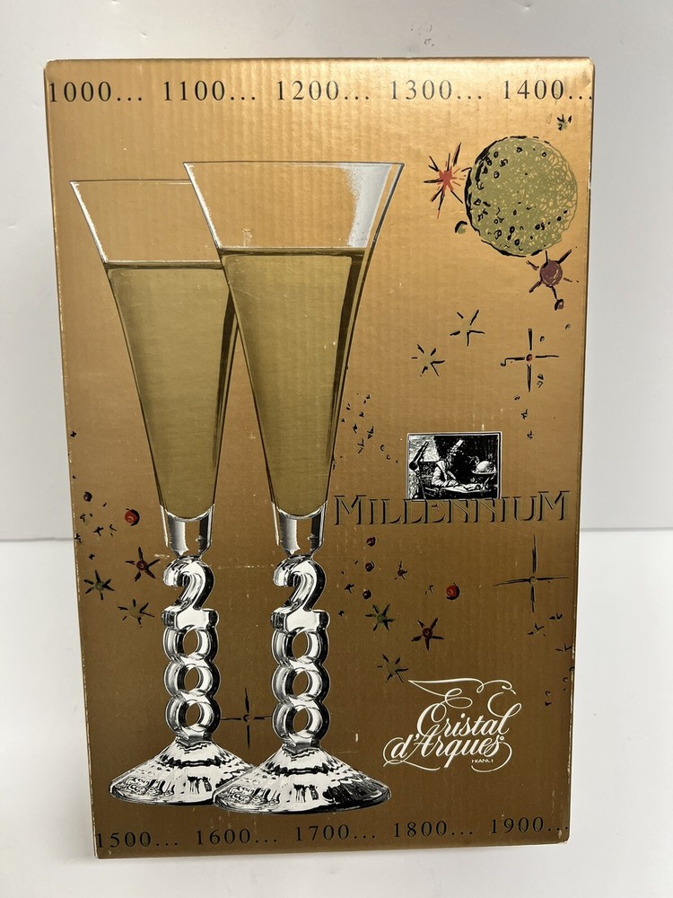 NEW VTG NEW YEARS CHAMPAGNE FLUTE Glasses SET CHEERS FUN Millennium 2000 FRANCE-image