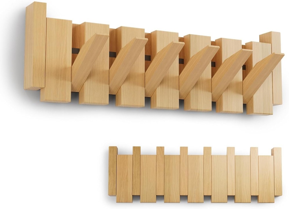 Wooden Wall Mount Coat Rack with Natural Hooks for Space Saving Storage