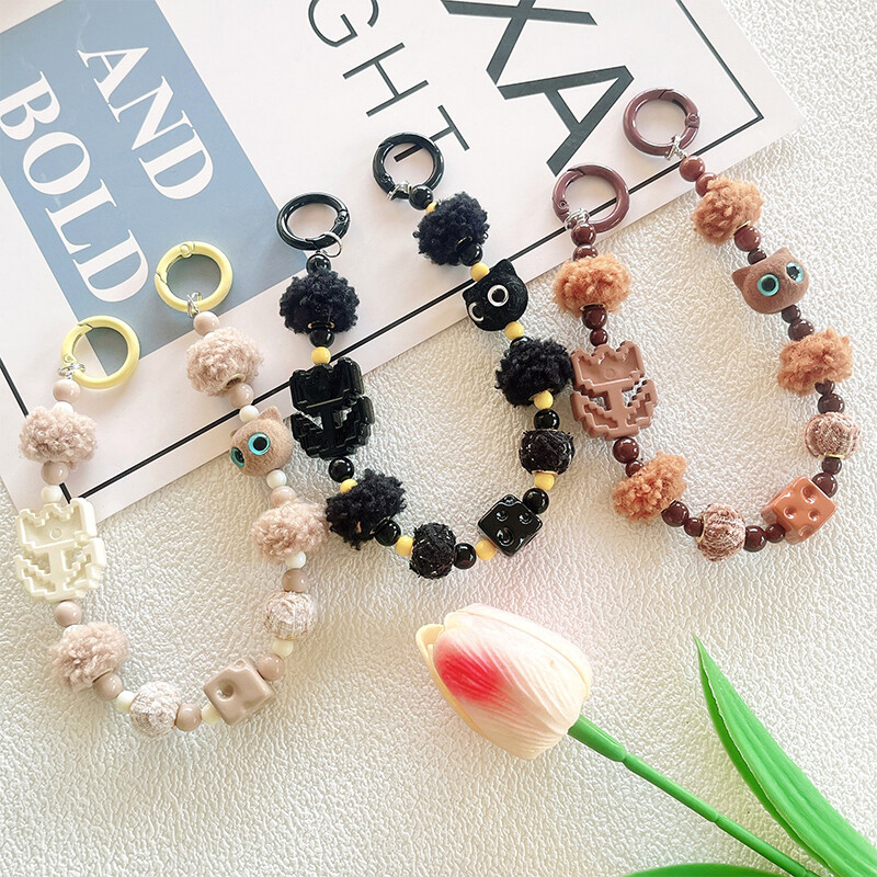 Flocking Cat Beads Mobile Phone Lanyard Anti-Lost Phone Chain Pendant Keychain