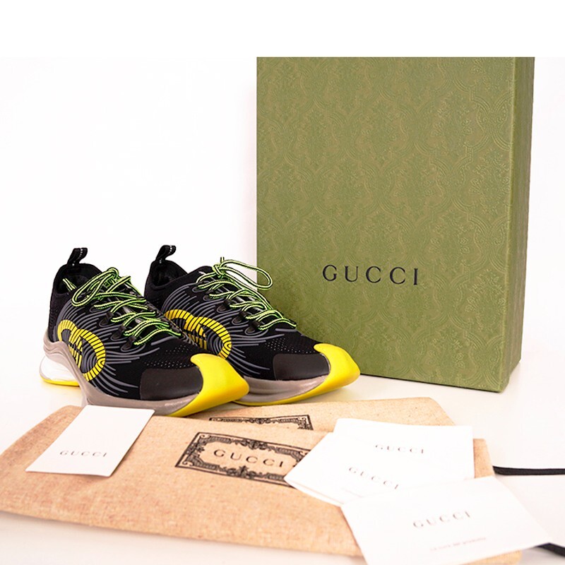 Gucci GG Run Sneakers in Black Gray Tech Fabric with Yellow Logo - Size 12.5 US - New $950