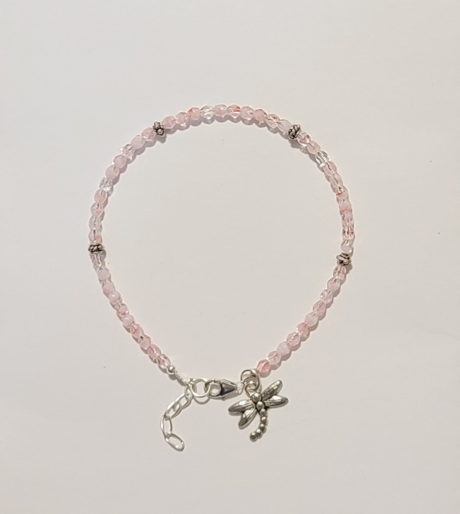 Baby Pink Czech Glass Beaded Anklet Sterling Silver Ankle Bracelet Summer Cute!