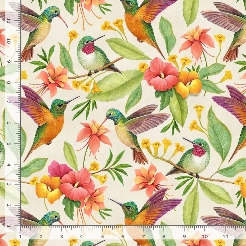 Animal Fabric | Hummingbird & Tropical Flower Cream | Timeless Treasures YARD