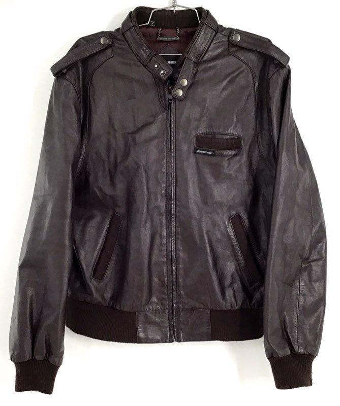 Members Only Men's Brown Leather Bomber Jacket - Size 44-image