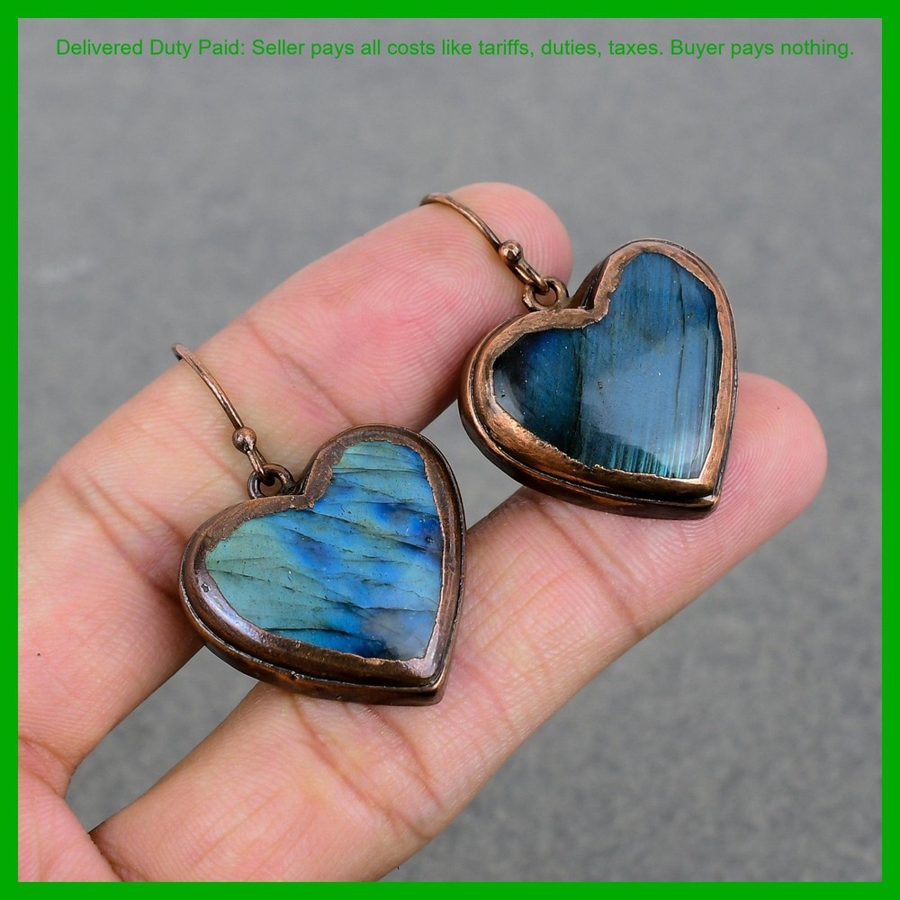 Cyber Monday Sale Copper Labradorite Gemstone Electroformed Dangle Drop Earrings-image
