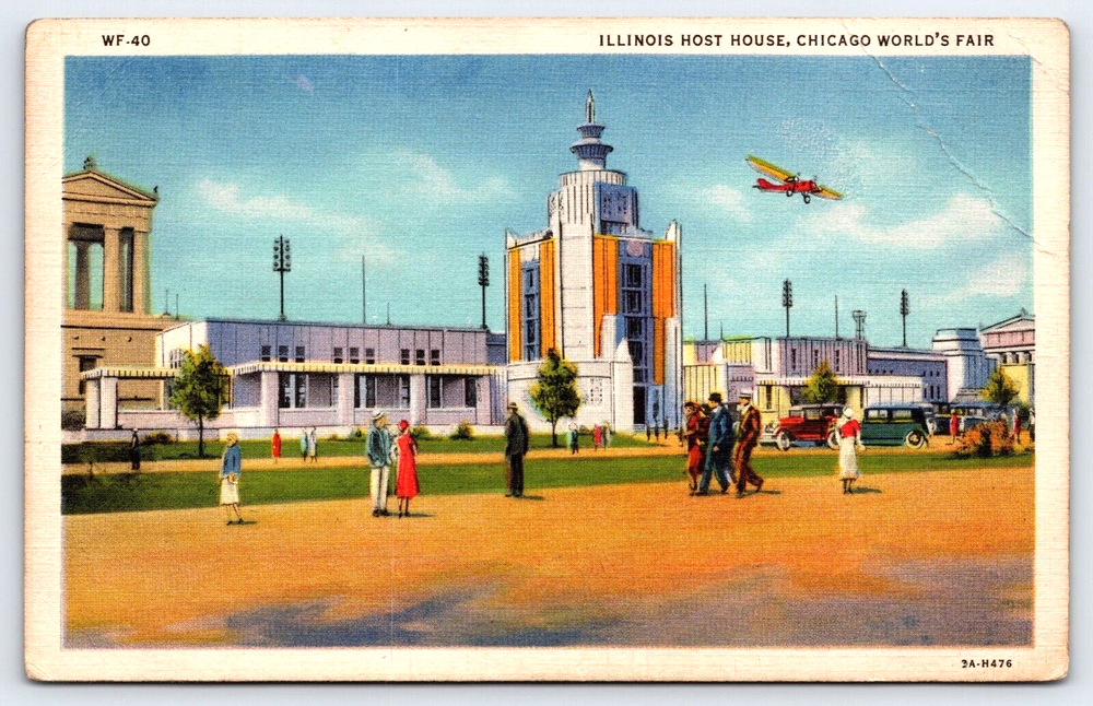 VINTAGE OLD ANTIQUE POSTCARD 1933 CHICAGO WORLD'S FAIR PEOPLE CAR PLANE USA
