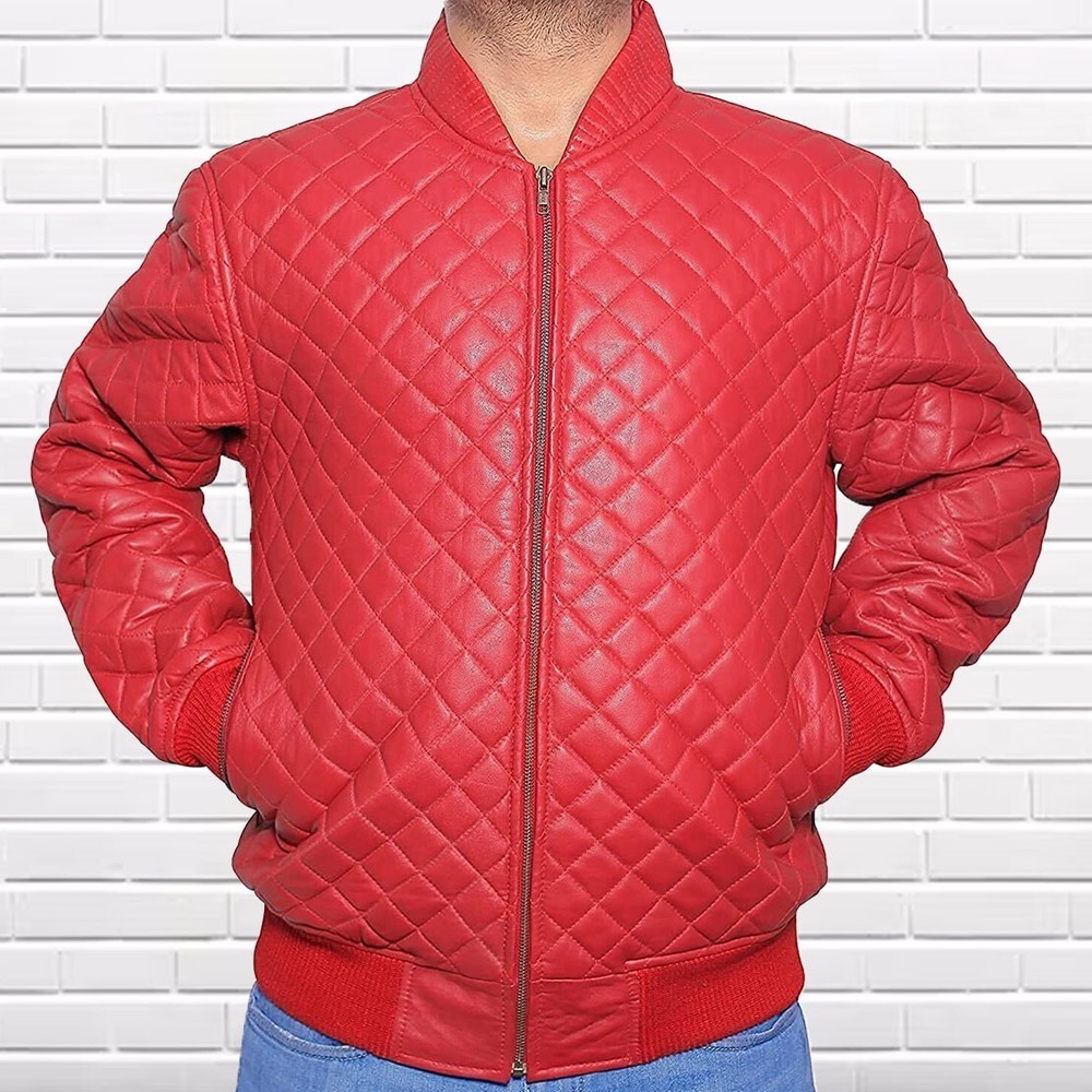 Men Red Quilted Lambskin Bomber Leather Jacket Slim Fit Biker Zipper