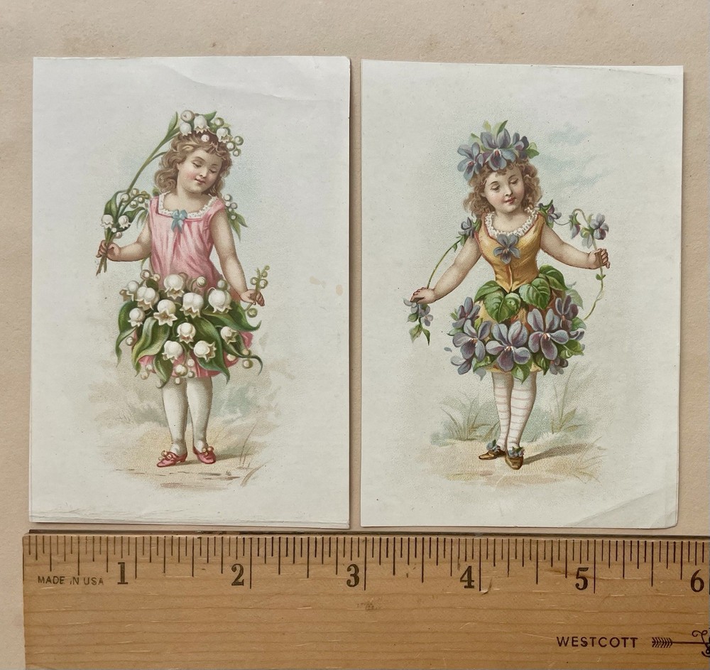 Antique Victorian Chromolithograth Flower Fairies Violet Lily Of Valley