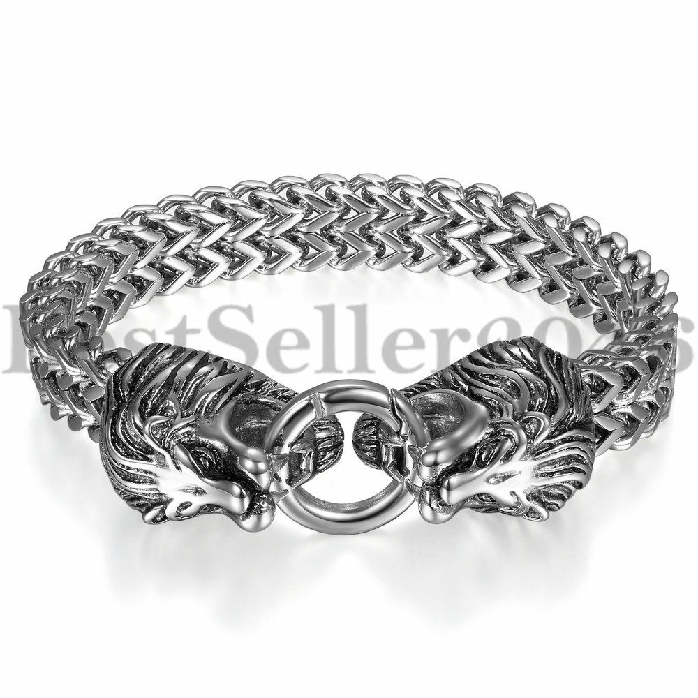 Mens Heavy Stainless Steel Lion Head Franco Link Curb Chain Biker Bracelet 8.5