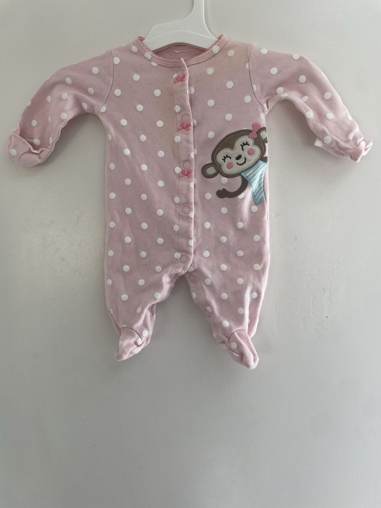 Carters Baby Girl Cute Monkey Polka Dot 100% Cotton Snap-Up Sleep & Play Pink NB