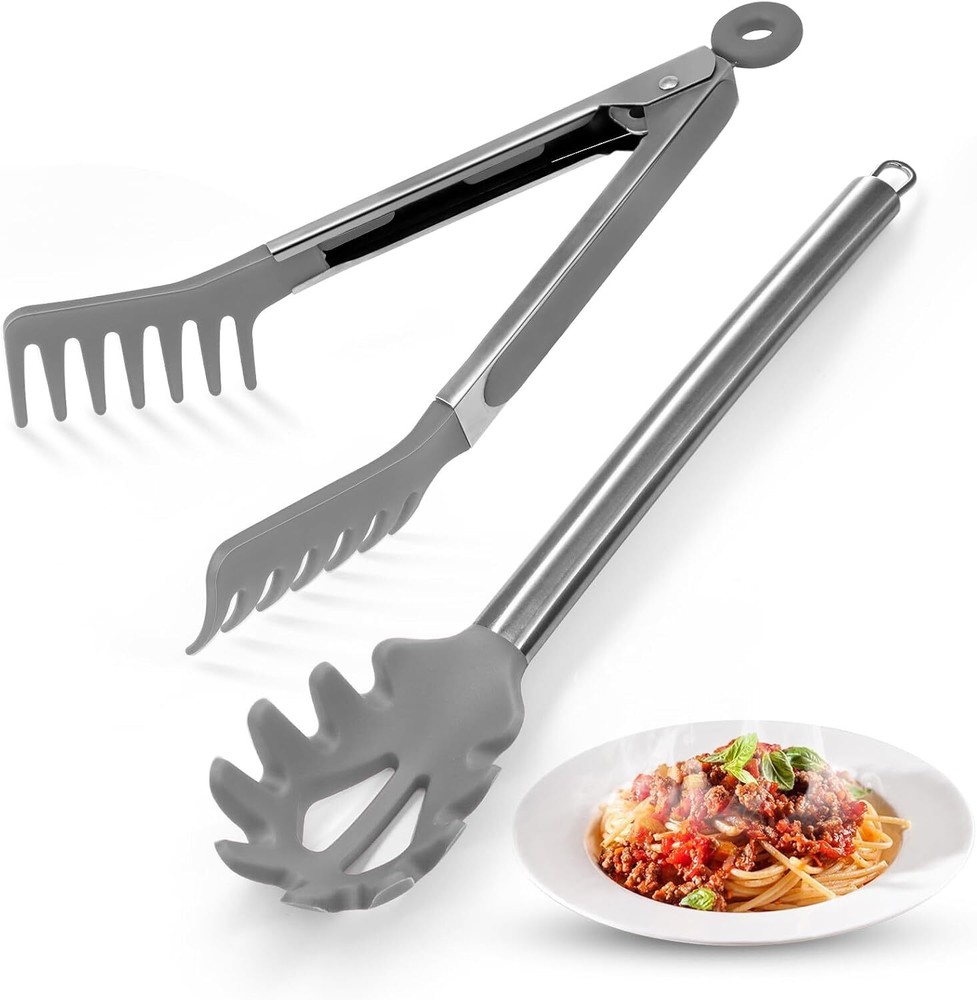2-Piece Non-Stick Silicone Spaghetti Spoon & Pasta Tong Set - 13 Inch