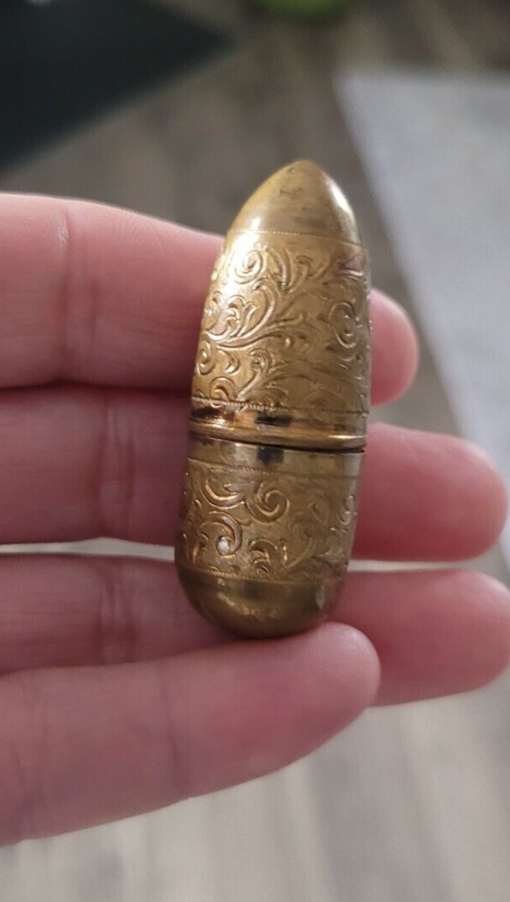 Antique Brass Travel Sewing Case with Thimble and Thread Austria