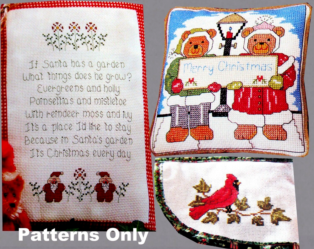Santas Garden Poem Christmas Bears Pillow Cardinal Cuff CROSS STITCH PATTERNS