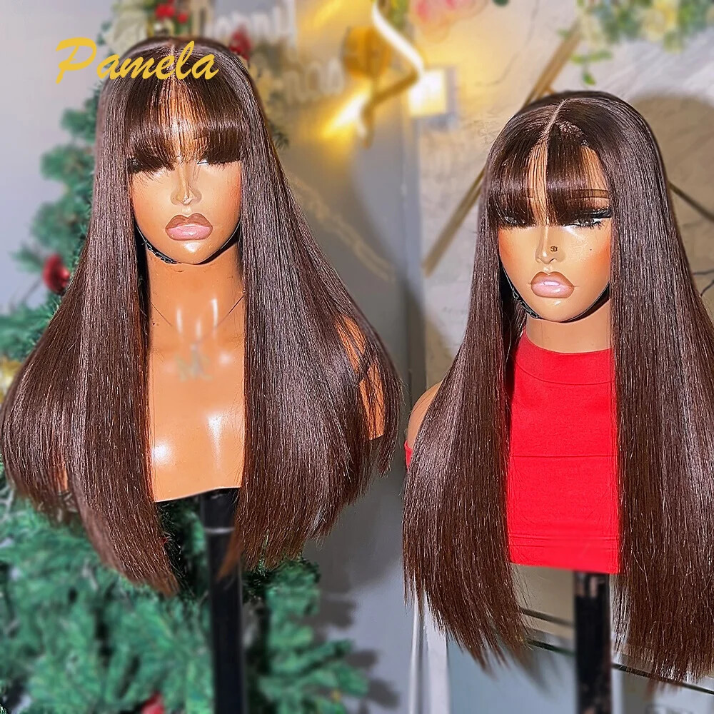 Brown Chocolate Glueless Lace Front Wig with Bangs Human Hair