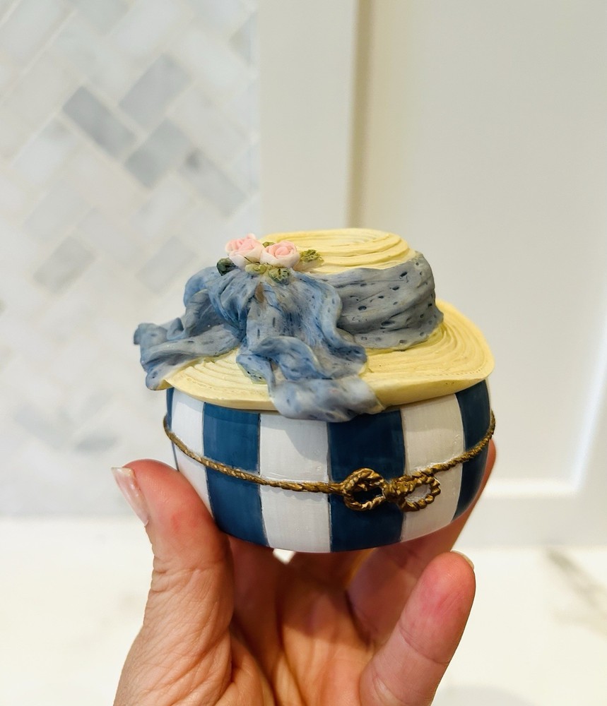 Vintage Dezine Jewelry Box Hand Painted - Whimsical Trinket Dish, Hatbox