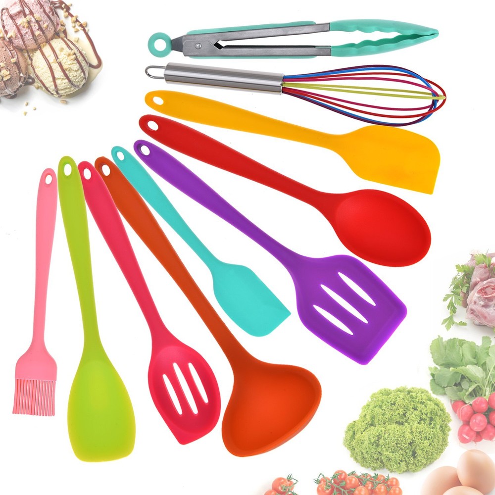 Silicone Kitchen Utensils Set - 10 Pieces Multicolor Silicone Heat Resistant ...