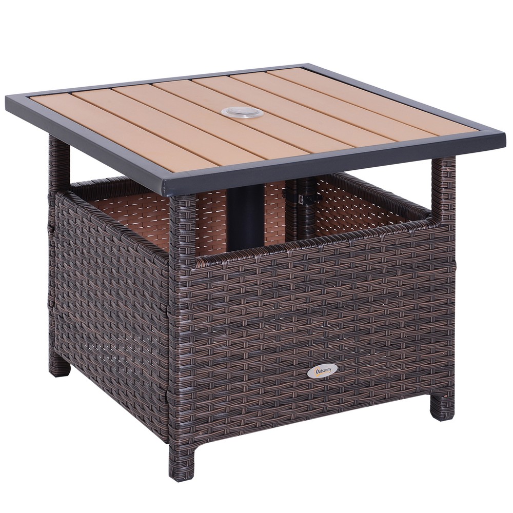 Outsunny 22'' Rattan Wicker Side Table with Steel Frame,Umbrella Insert Hole,