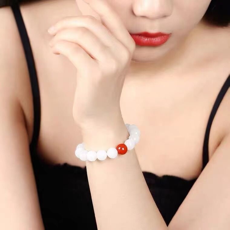 Natural Jade & Red Agate 8mm Beaded Bracelet for Women