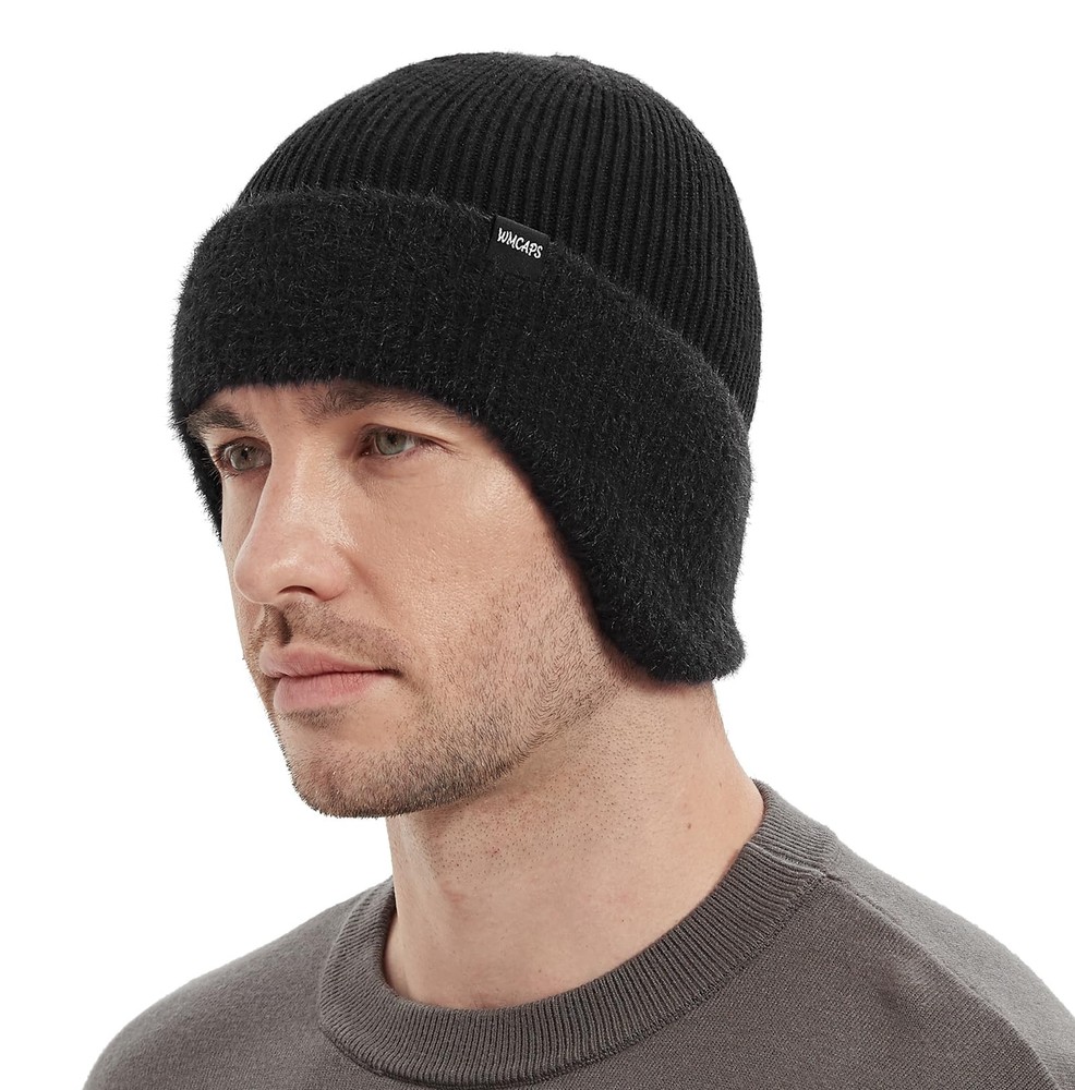 Winter Fleece Line Beanie with Earflap for Men Women, Outdoor Warm Thermal Kn...