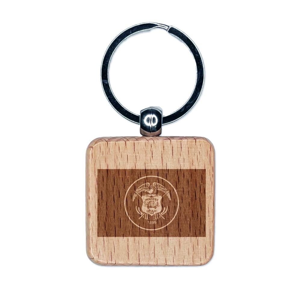 Utah State Flag Wooden Engraved Square Keychain Charm  
