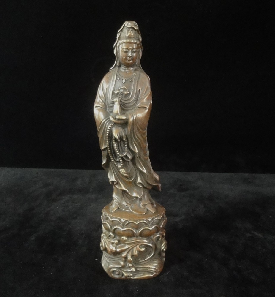 Antique Chinese Bronze Guanyin Buddha Statue Holding Vase Qianlong Era