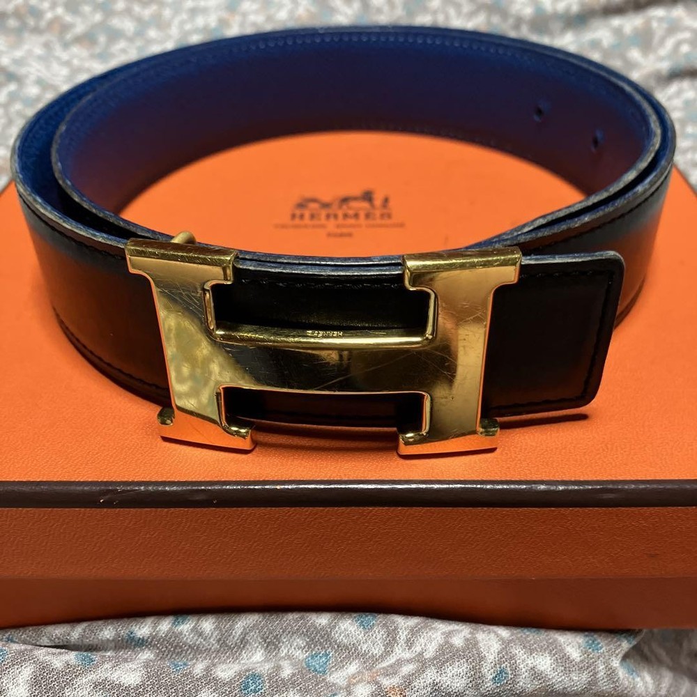 HERMES Black and Blue Leather Belt Size 75H Pre-Owned