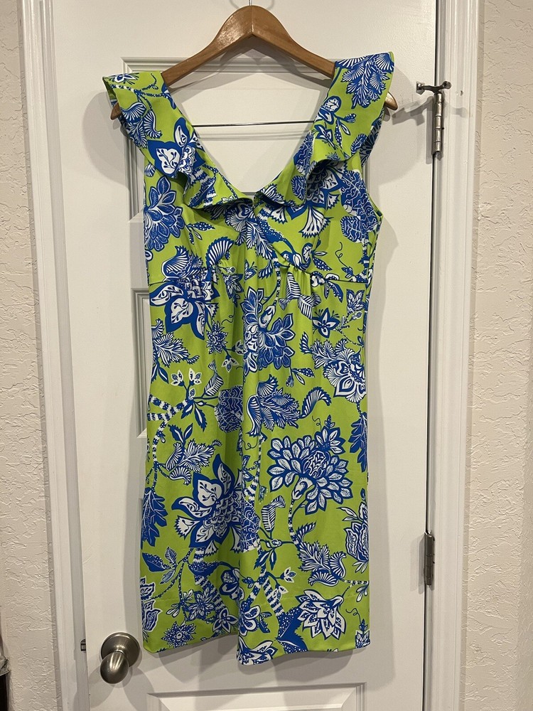 Gretchen Scott Fling Fantasy Dress Medium Green Blue Ruffle Stretch Knit