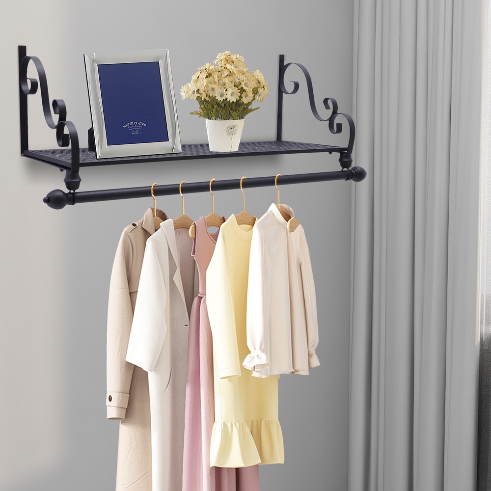 Wrought Iron Wall Mounted Coat Rack with Storage Shelf and Clothing Rod