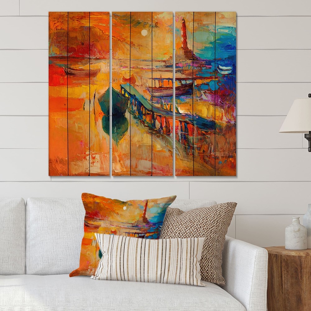 Designart 'Boats Resting On The Water Near Coastal Town III'