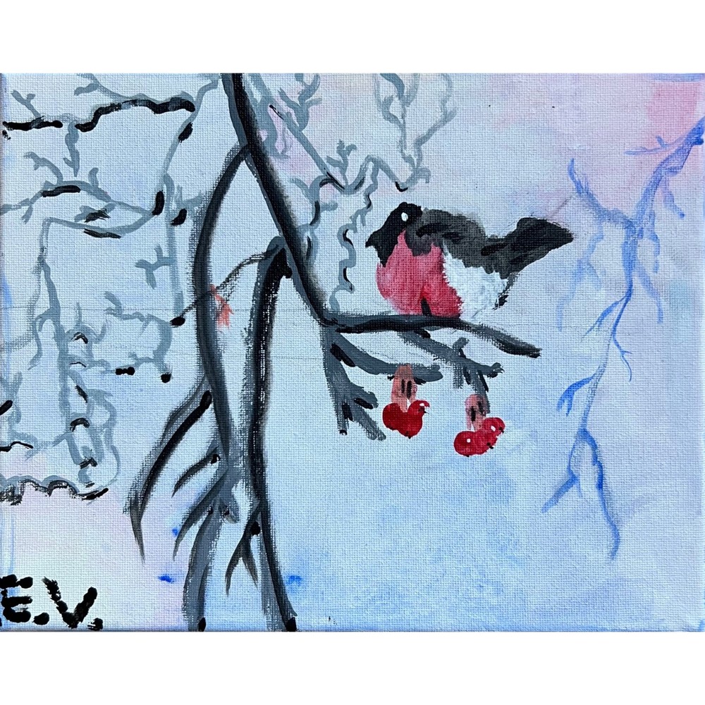 Bullfinch Winter Original Acrylic Painting 8x10 Christmas Artwork