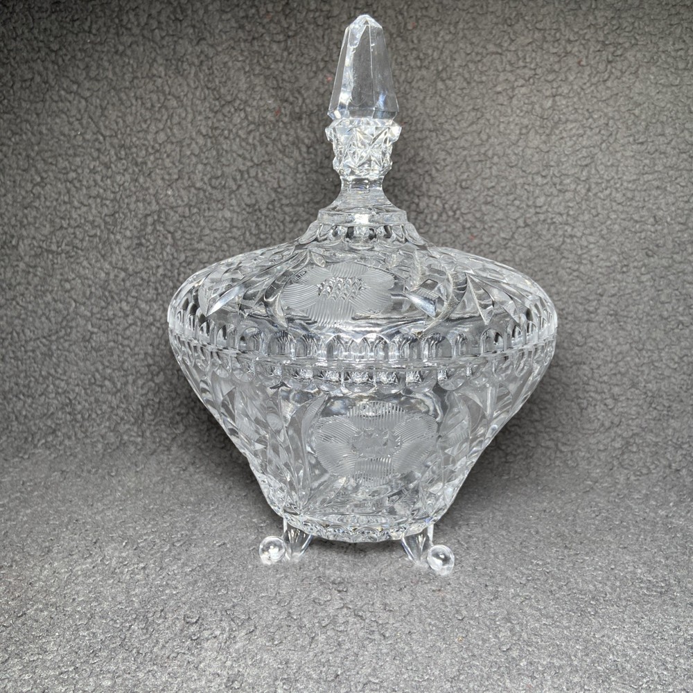 3-Footed Crystal Candy Bowl with Floral Design Lid
