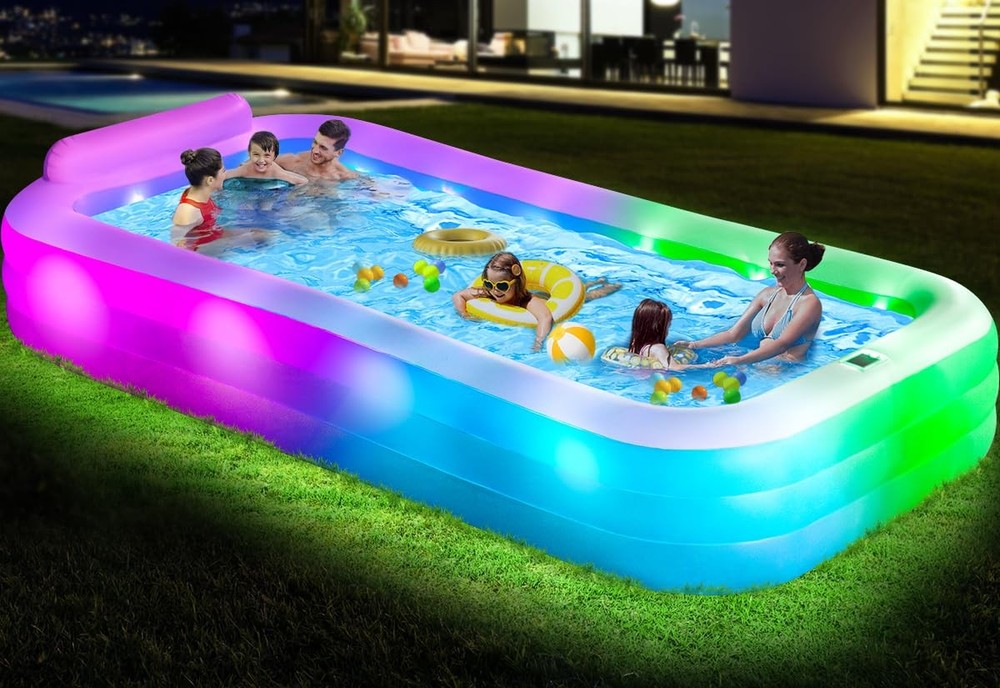 Giant 12ft Inflatable Pool with LED Lights - Extra Thick Blow Up Family Swimming Pool