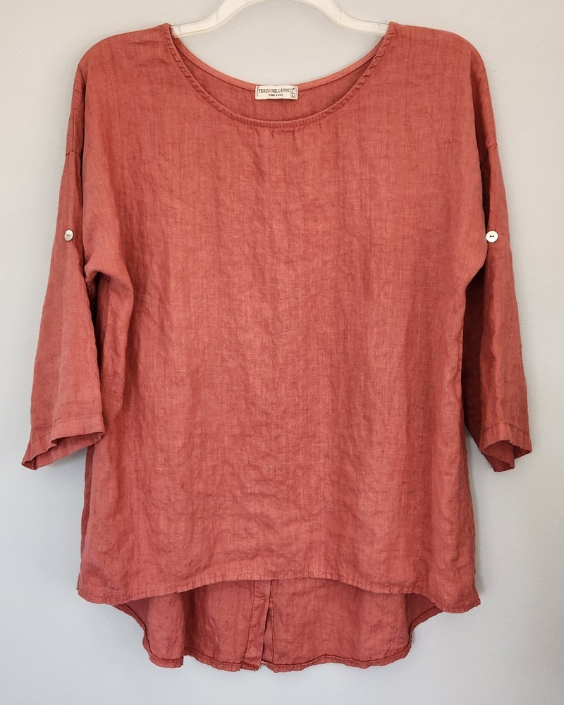 Terzo Millennio Italy 100% Linen Tunic Top Blouse Size Large Coastal Lagenlook