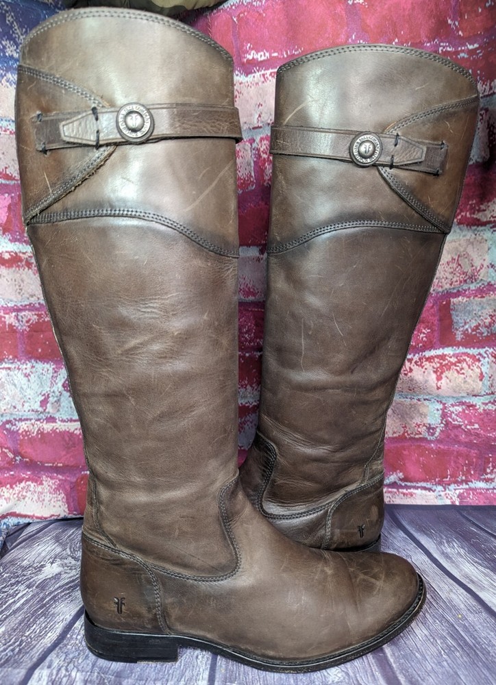 FRYE Molly Button Tall Knee Distressed Brown Smoke Leather Riding Boots Womens 8