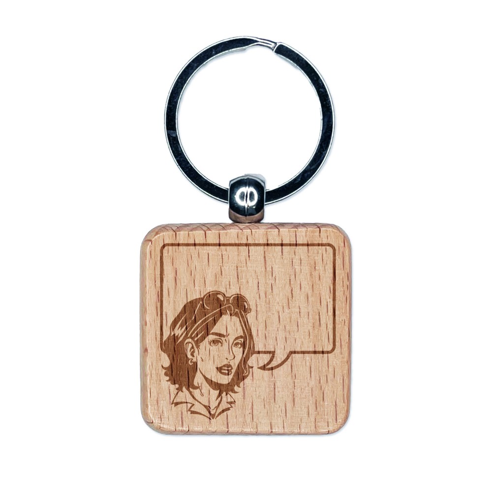 Engraved Wood Keychain Comic Woman with Empty Speech Bubble